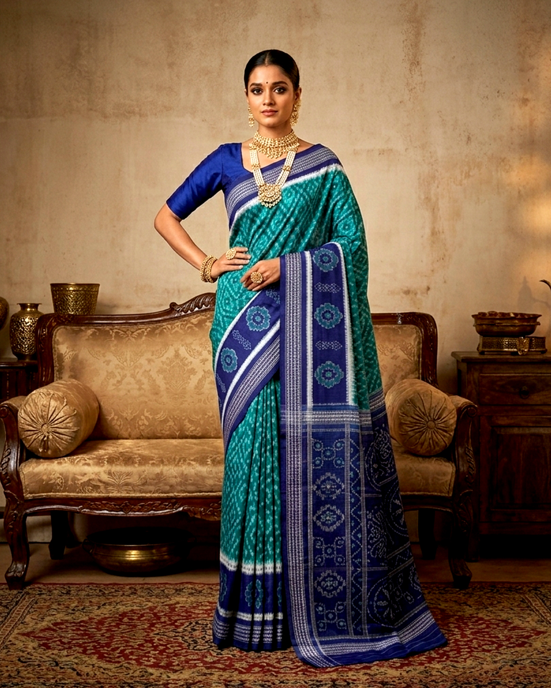 Premium Royal Blue & Teal Sambalpuri Ikat Silk Saree | Authentic Indian Handloom For Wedding & Event - Image 2