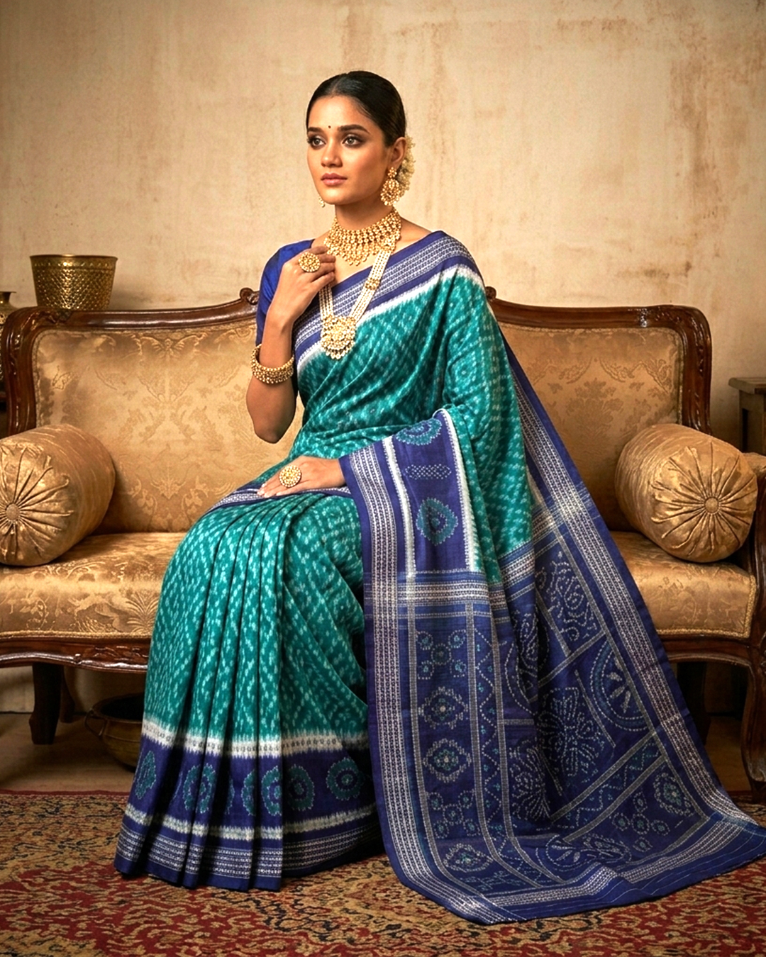 Premium Royal Blue & Teal Sambalpuri Ikat Silk Saree | Authentic Indian Handloom For Wedding & Event