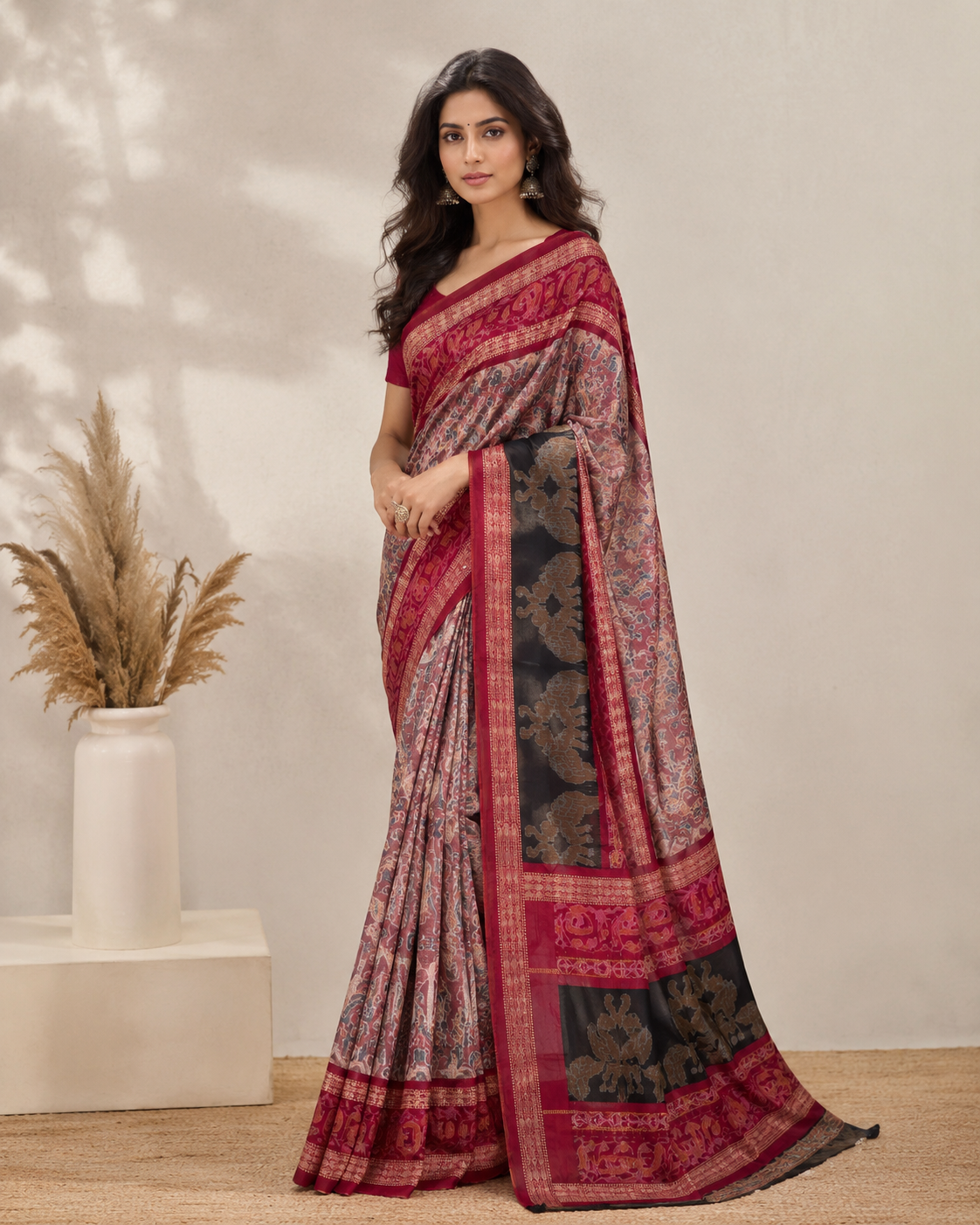 Traditional Red and Black Sambalpuri Silk Saree With Woven Pallu | Authentic Ikat Handloom For Women - Image 4
