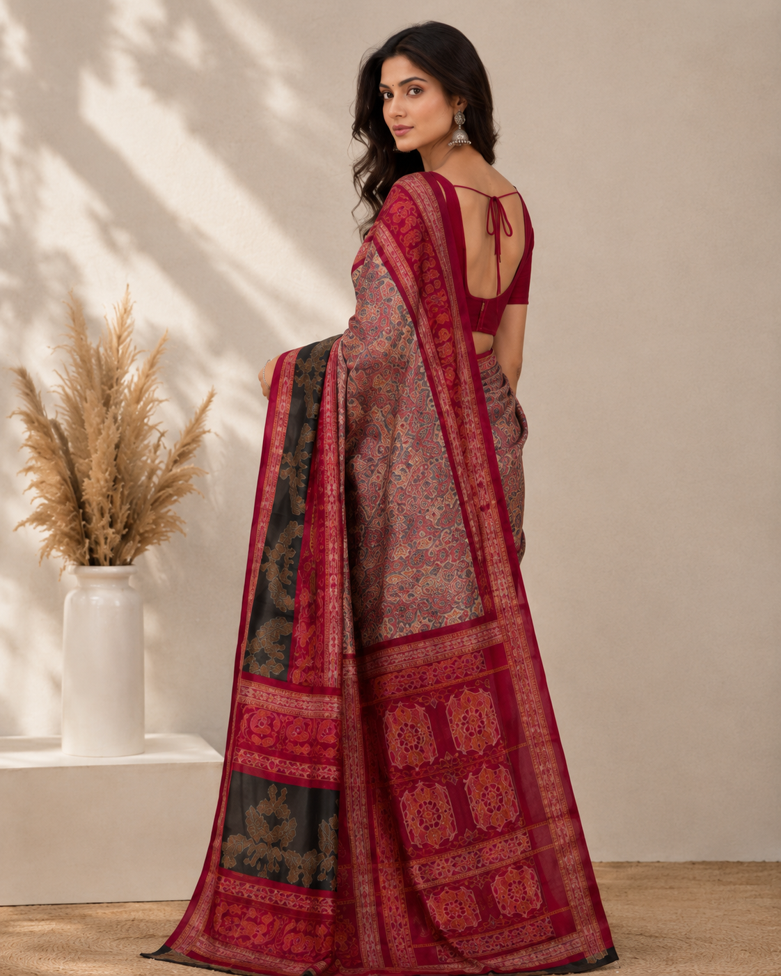 Traditional Red and Black Sambalpuri Silk Saree With Woven Pallu | Authentic Ikat Handloom For Women - Image 3