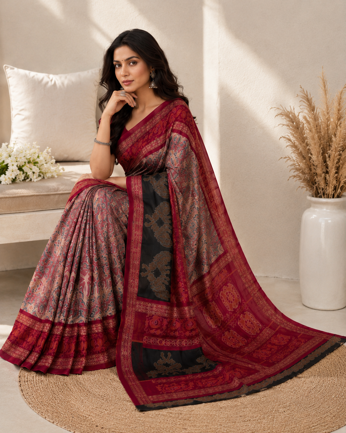 Traditional Red and Black Sambalpuri Silk Saree With Woven Pallu | Authentic Ikat Handloom For Women - Image 2
