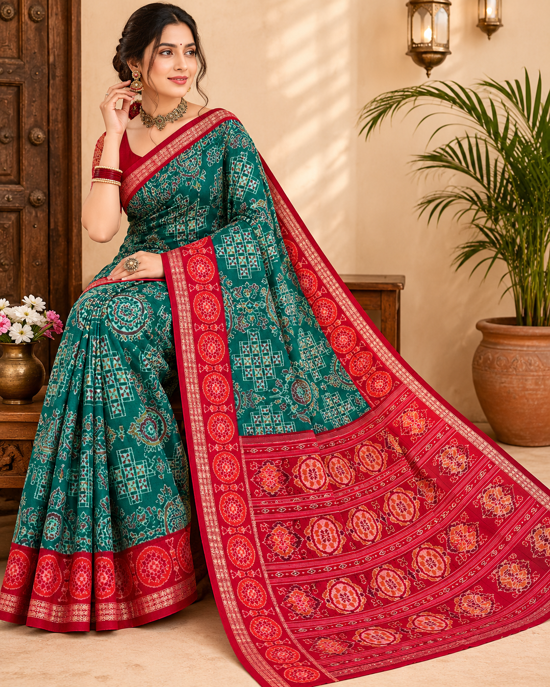 Stunning Green and Red Geometric Ikat Sambalpuri Saree | Premium Handwoven Silk For Festive Occasion - Image 2