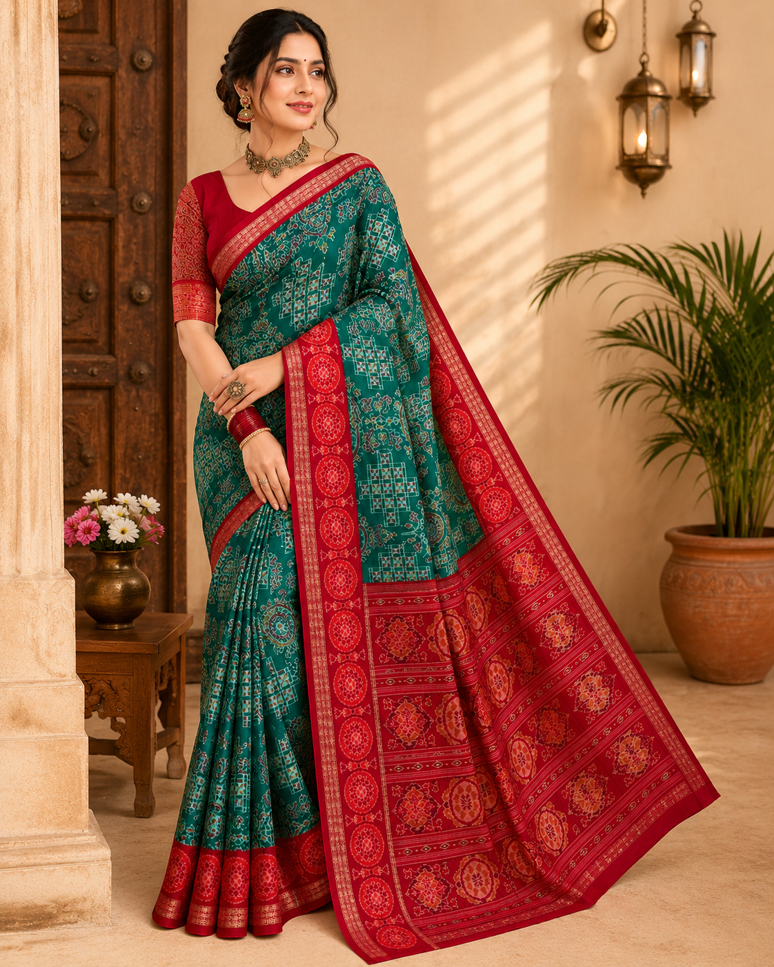 Stunning Green and Red Geometric Ikat Sambalpuri Saree | Premium Handwoven Silk For Festive Occasion