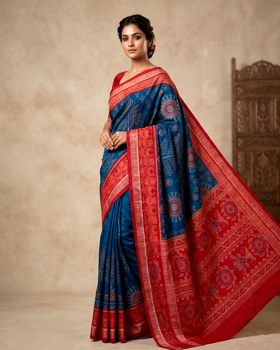 Premium Blue and Red Handloom Sambalpuri Silk Saree For Women | Authentic Ikat Traditional Occasions - Image 3