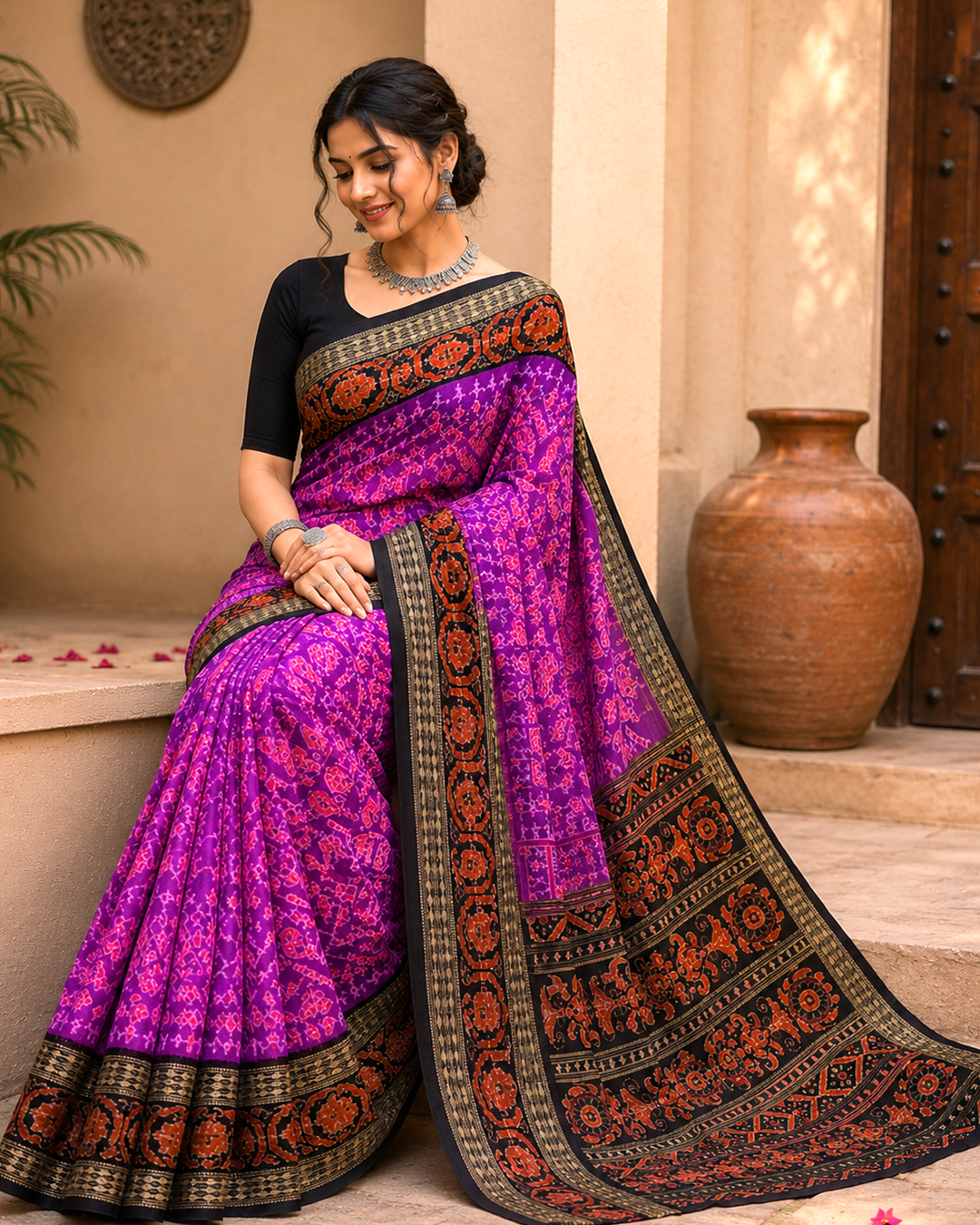 Premium Magenta and Black Sambalpuri Silk Ikat Handloom Saree | Authentic Traditional Festive Outfit - Image 2