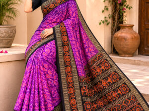 Premium Magenta and Black Sambalpuri Silk Ikat Handloom Saree | Authentic Traditional Festive Outfit