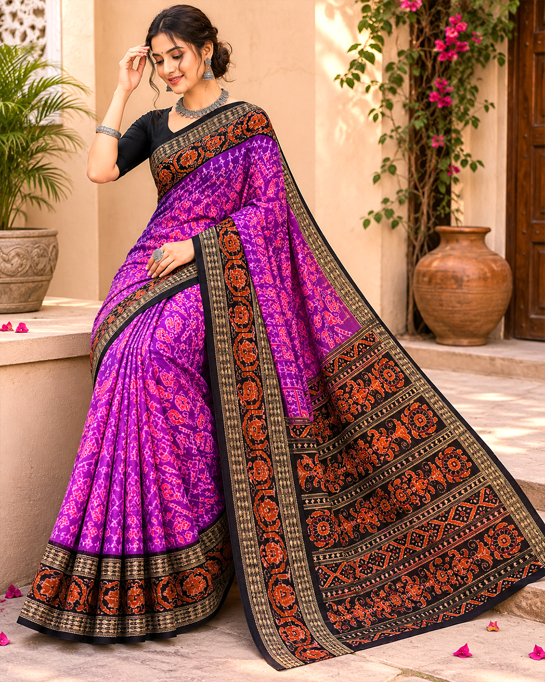 Premium Magenta and Black Sambalpuri Silk Ikat Handloom Saree | Authentic Traditional Festive Outfit