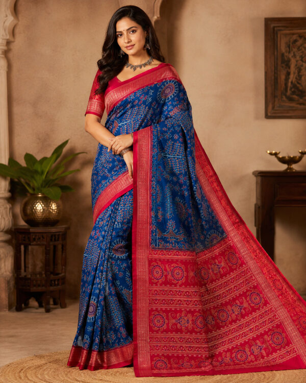 Premium Blue and Red Handloom Sambalpuri Silk Saree For Women | Authentic Ikat Traditional Occasions