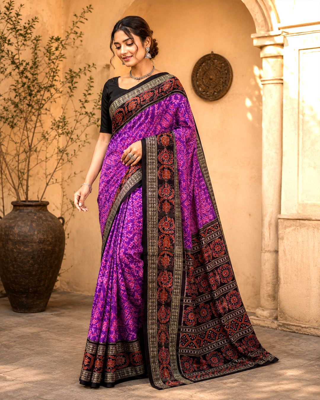 Premium Magenta and Black Sambalpuri Silk Ikat Handloom Saree | Authentic Traditional Festive Outfit - Image 3