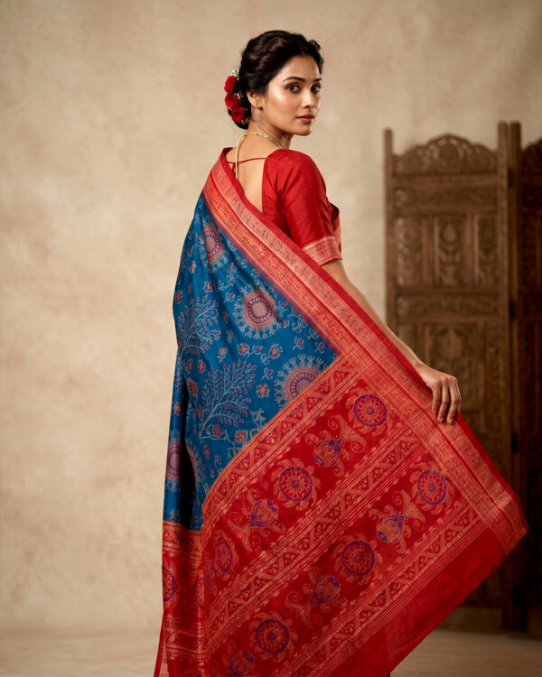 Premium Blue and Red Handloom Sambalpuri Silk Saree For Women | Authentic Ikat Traditional Occasions - Image 2