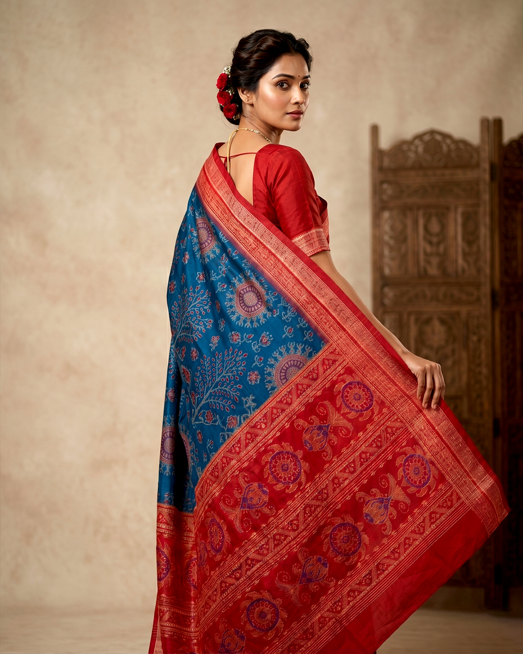 Premium Blue and Red Handloom Sambalpuri Silk Saree For Women | Authentic Ikat Traditional Occasions - Image 2