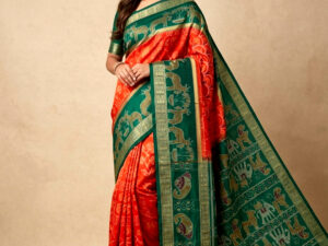Premium Orange & Emerald Green Sambalpuri Ikat Handloom Silk Saree | Traditional Elephant Deer Motif
