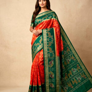 Premium Orange & Emerald Green Sambalpuri Ikat Handloom Silk Saree | Traditional Elephant Deer Motif