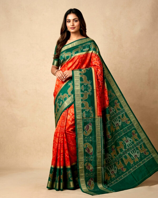 Premium Orange & Emerald Green Sambalpuri Ikat Handloom Silk Saree | Traditional Elephant Deer Motif