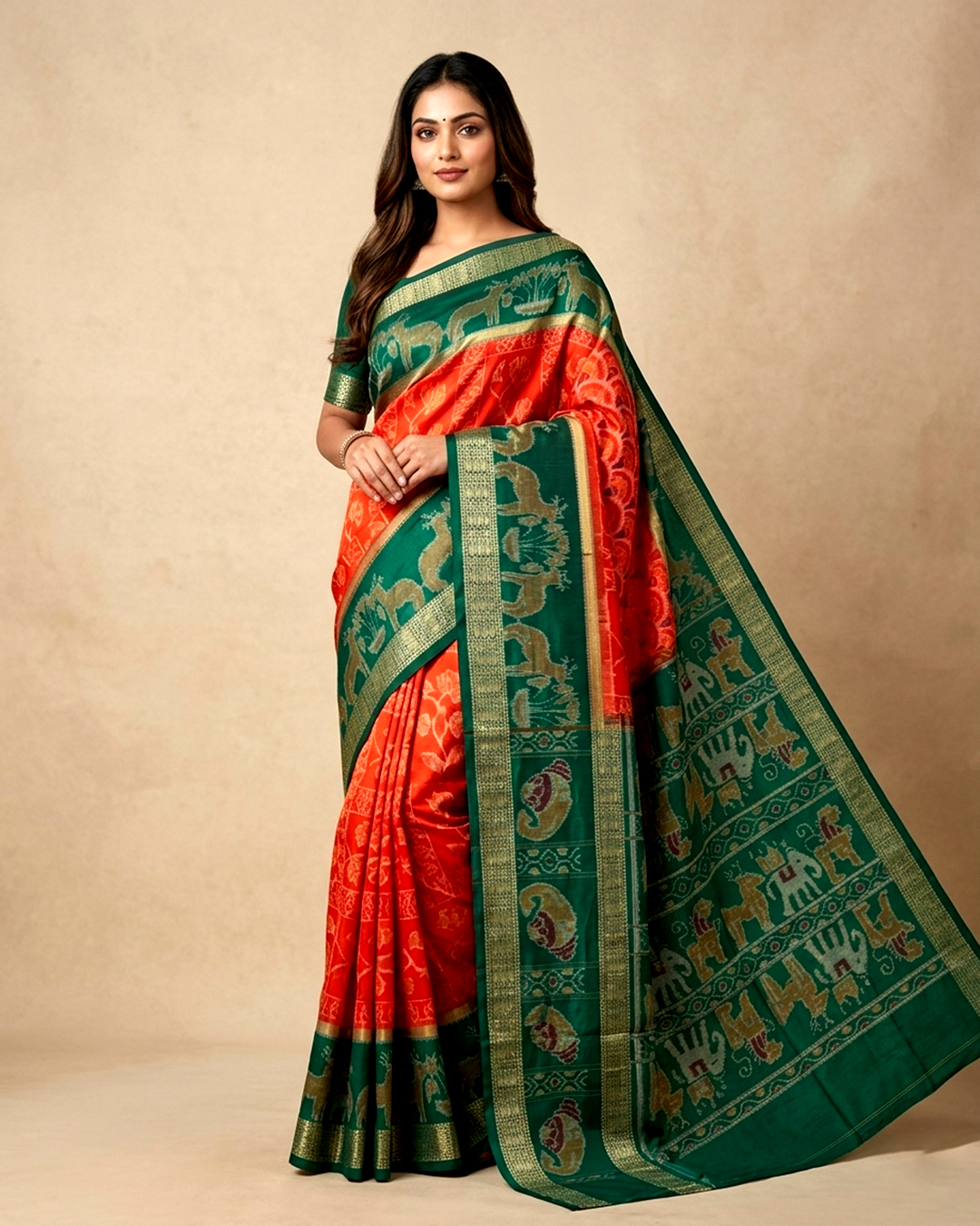 Premium Orange & Emerald Green Sambalpuri Ikat Handloom Silk Saree | Traditional Elephant Deer Motif