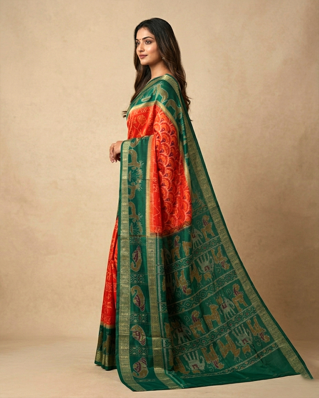 Premium Orange & Emerald Green Sambalpuri Ikat Handloom Silk Saree | Traditional Elephant Deer Motif - Image 2