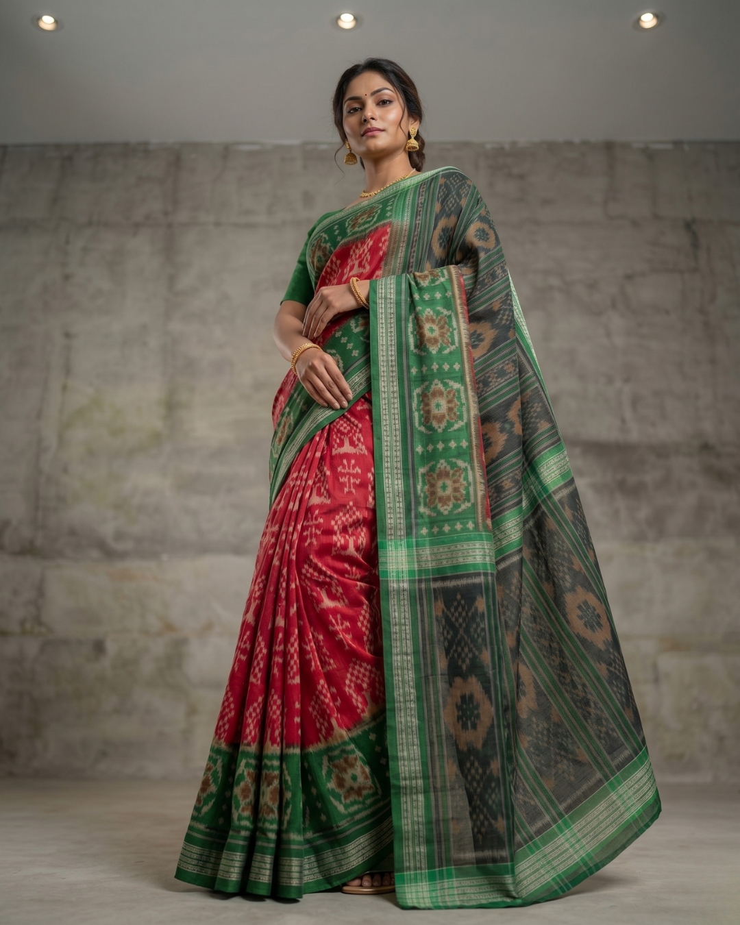 Premium Red and Green Sambalpuri Cotton Silk Ikat Saree | Authentic Handloom For Women's Festive Wear - Image 5