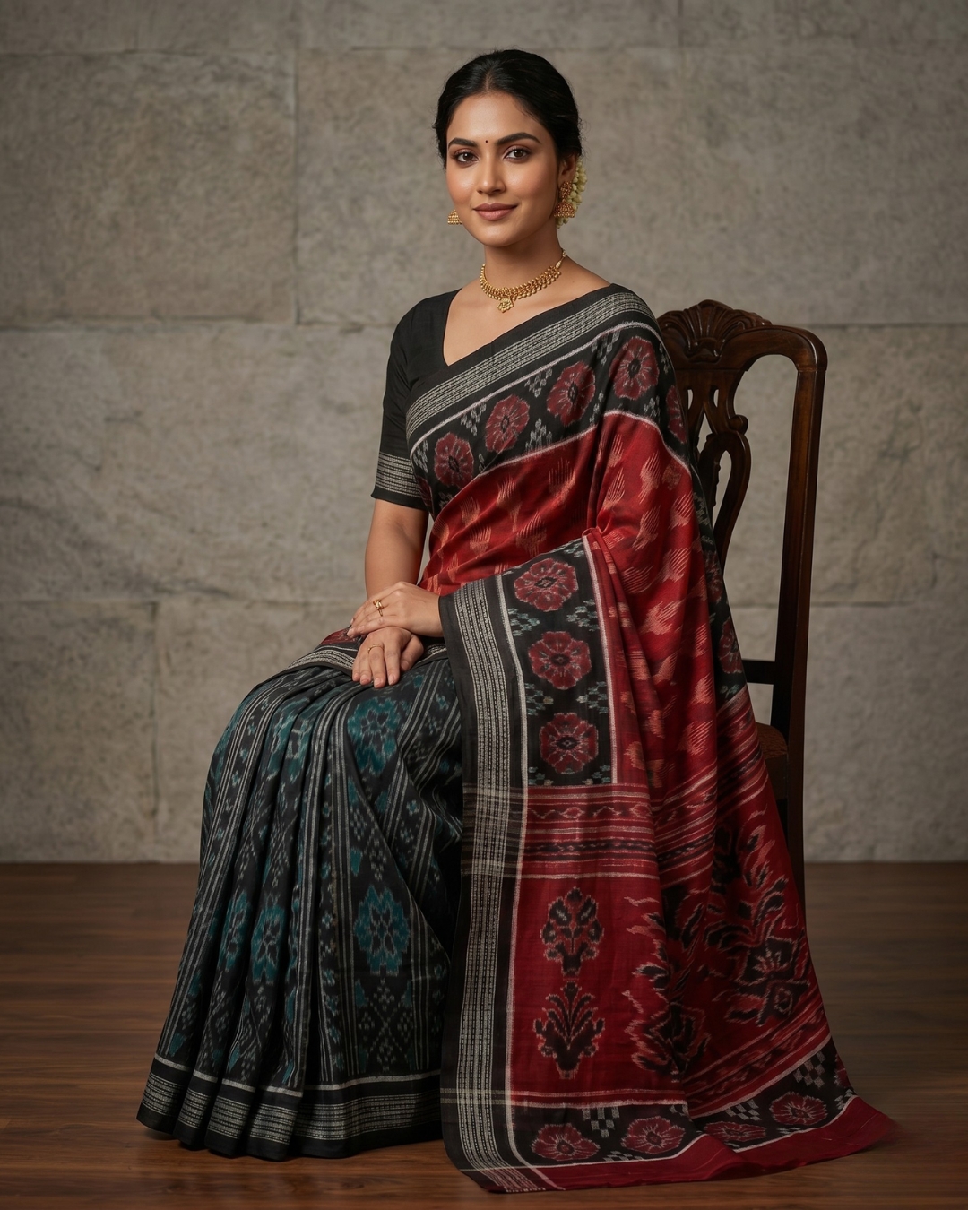Premium Black and Red Sambalpuri Ikat Saree | Authentic Odisha Handloom Silk Weaves For Festival Use - Image 2