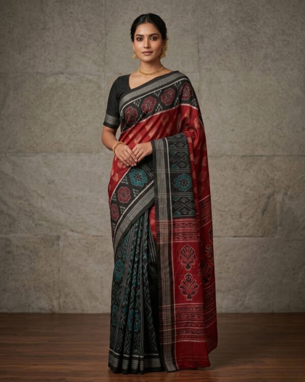 Premium Black and Red Sambalpuri Ikat Saree | Authentic Odisha Handloom Silk Weaves For Festival Use