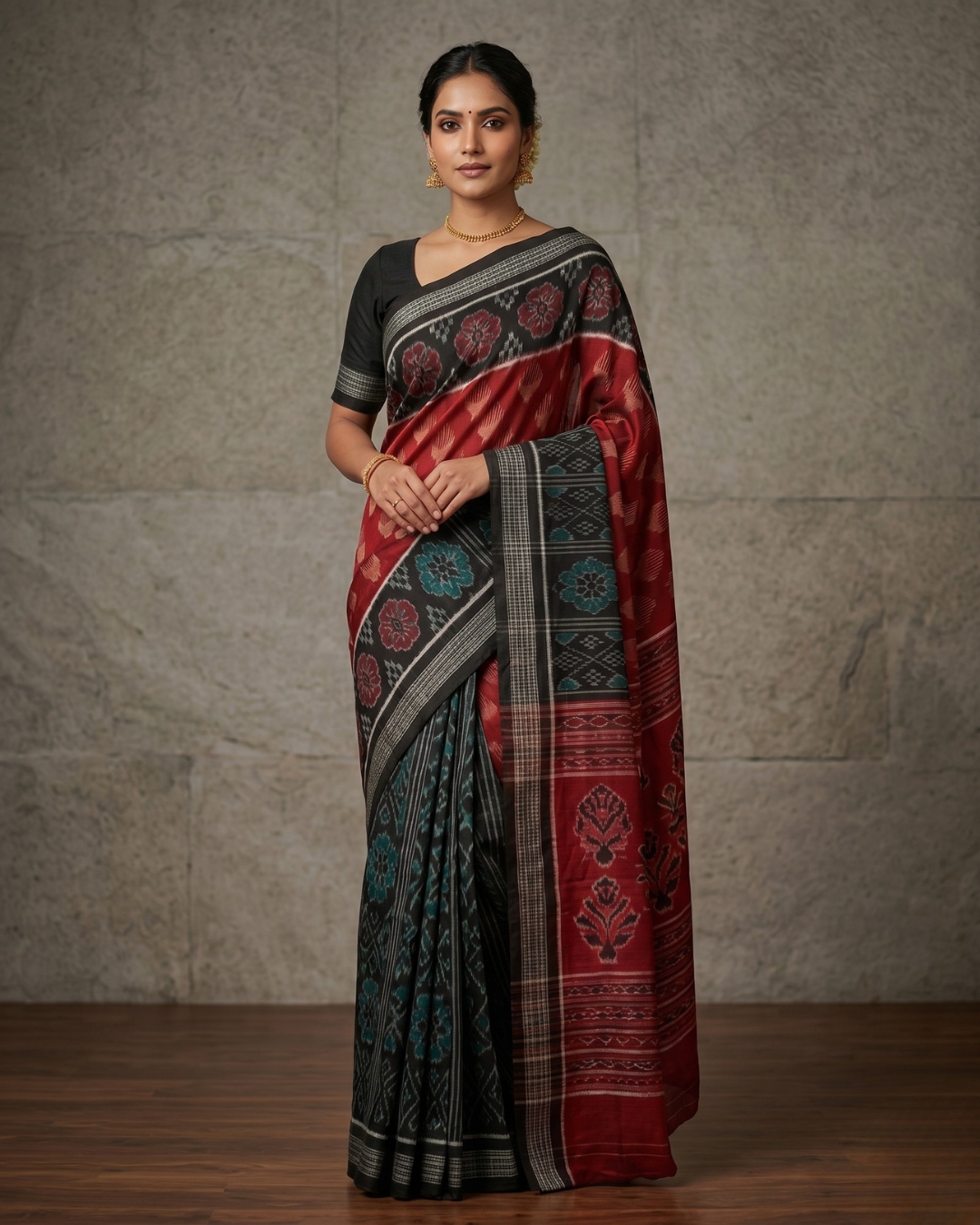 Premium Black and Red Sambalpuri Ikat Saree | Authentic Odisha Handloom Silk Weaves For Festival Use