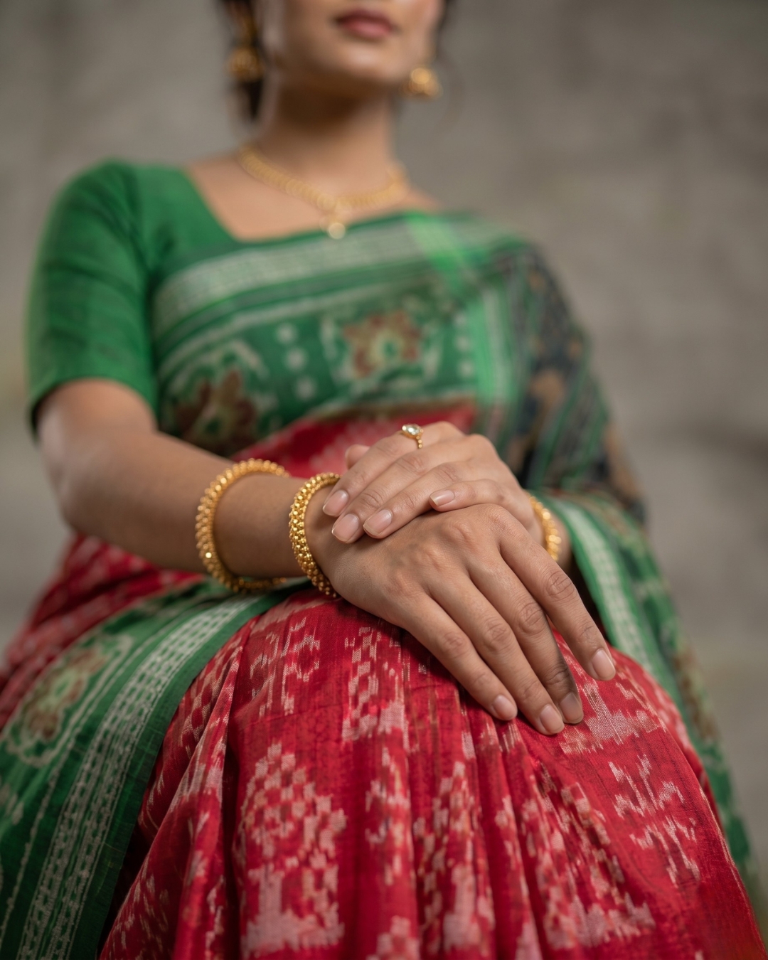 Premium Red and Green Sambalpuri Cotton Silk Ikat Saree | Authentic Handloom For Women's Festive Wear - Image 3