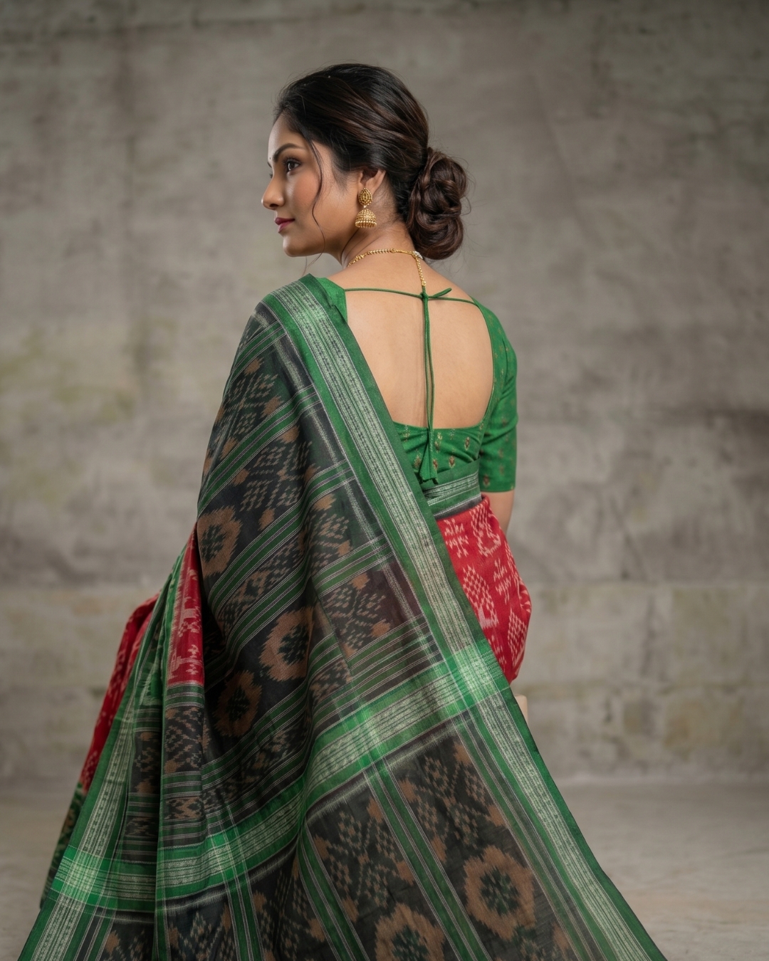 Premium Red and Green Sambalpuri Cotton Silk Ikat Saree | Authentic Handloom For Women's Festive Wear - Image 2
