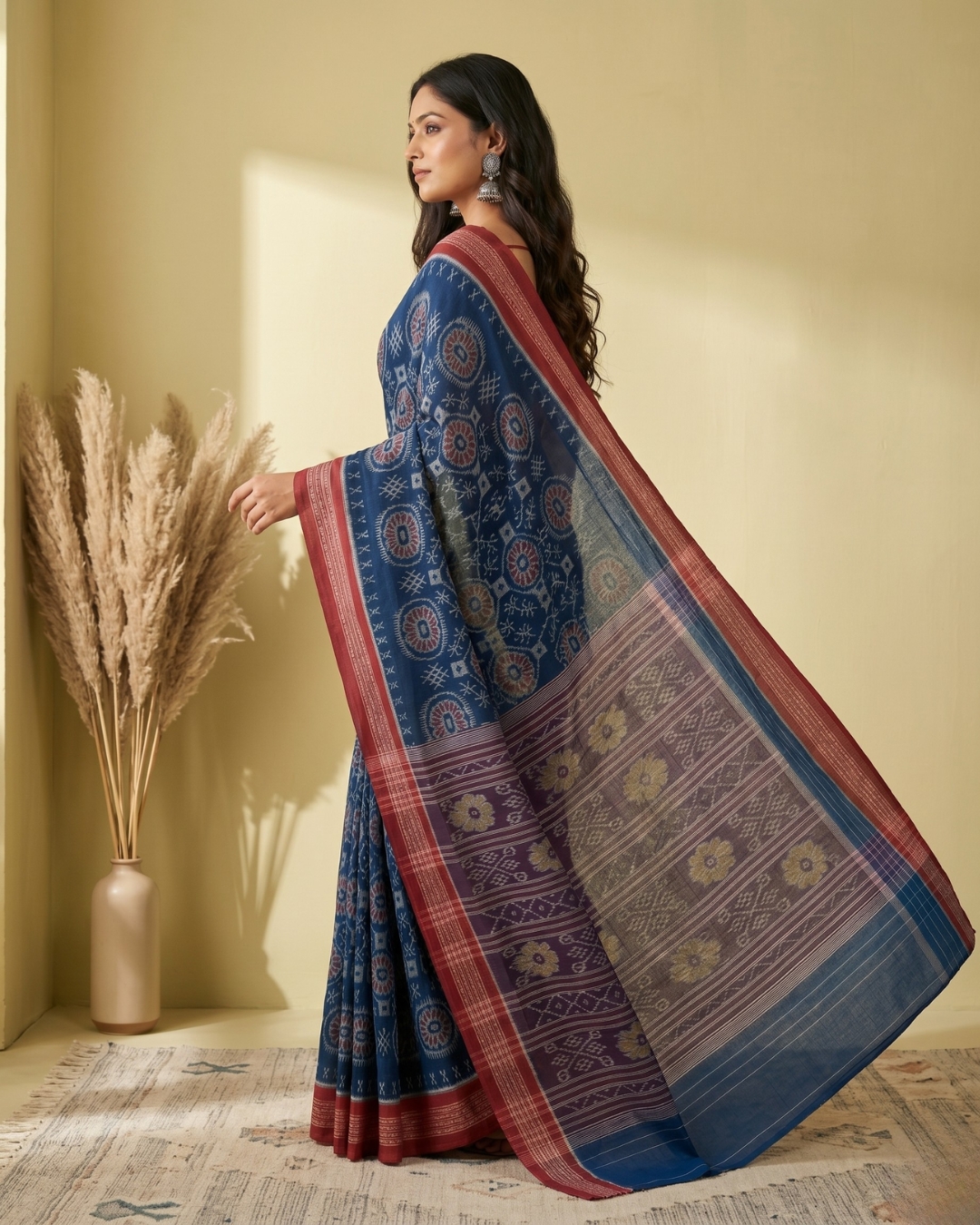 Traditional Blue and Red Sambalpuri Ikat Saree | Authentic Handwoven In Odisha For Festive Occasions - Image 2