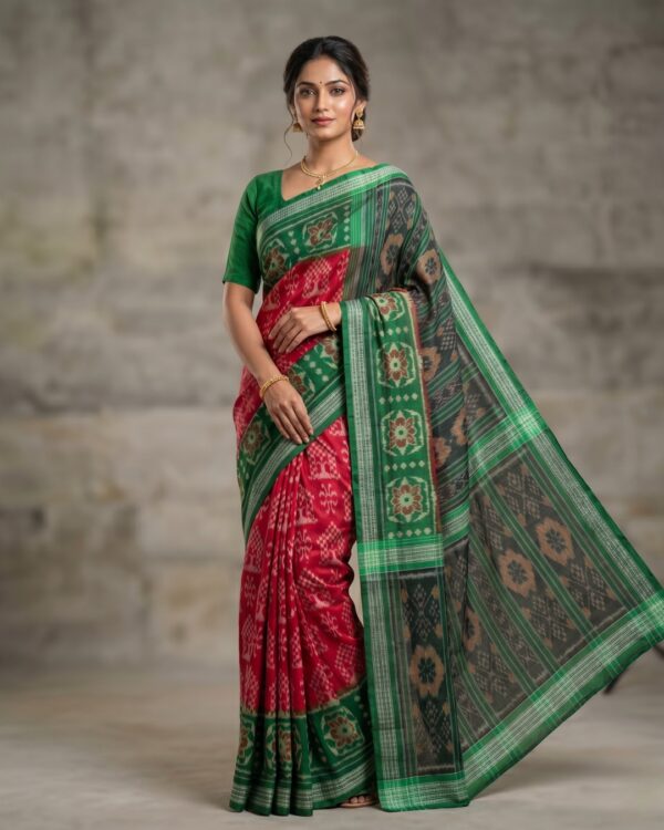 Premium Red and Green Sambalpuri Cotton Silk Ikat Saree | Authentic Handloom For Women's Festive Wear