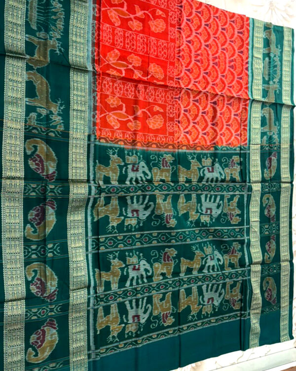 Premium Orange & Emerald Green Sambalpuri Ikat Handloom Silk Saree | Traditional Elephant Deer Motif - Image 4