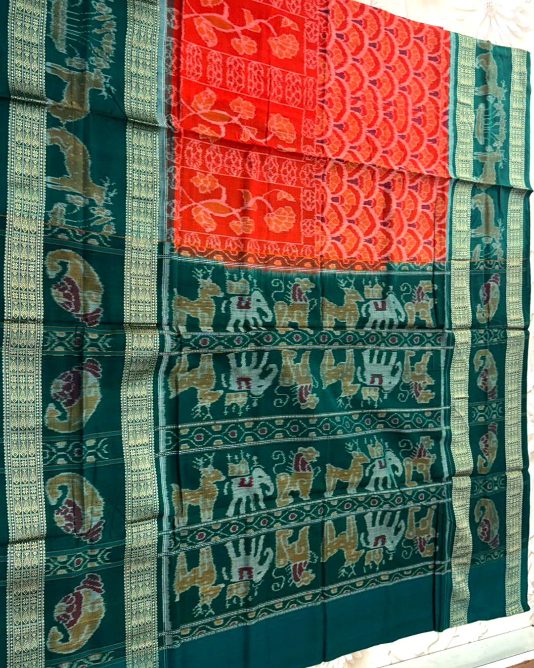 Premium Orange & Emerald Green Sambalpuri Ikat Handloom Silk Saree | Traditional Elephant Deer Motif - Image 4