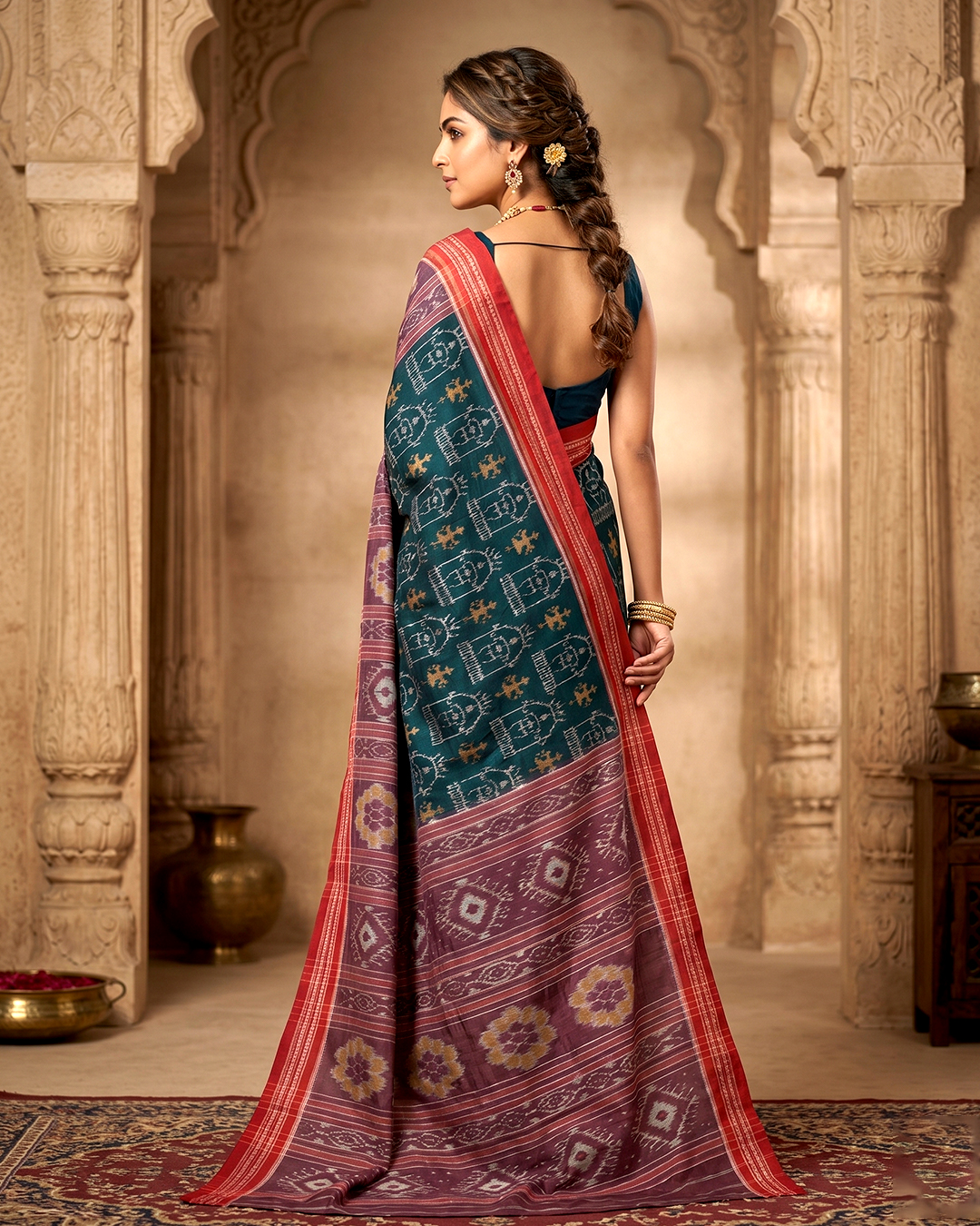 Authentic Teal & Mauve Sambalpuri Silk Saree - Premium Ikat Handloom For Festive Occasions & Wedding - Image 2