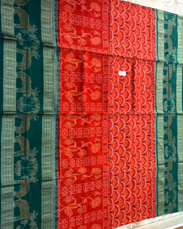 Premium Orange & Emerald Green Sambalpuri Ikat Handloom Silk Saree | Traditional Elephant Deer Motif - Image 3