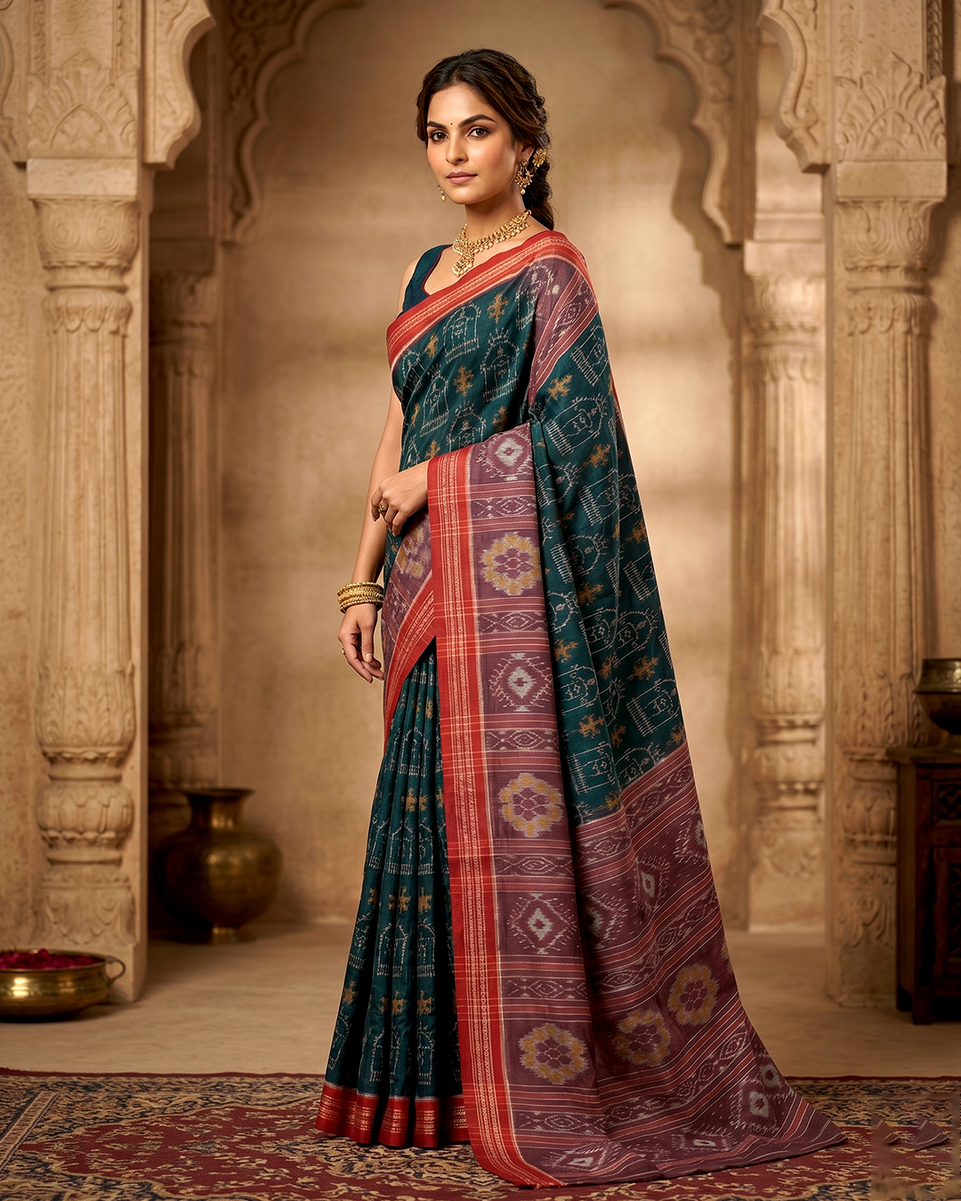 Authentic Teal & Mauve Sambalpuri Silk Saree - Premium Ikat Handloom For Festive Occasions & Wedding - Image 3