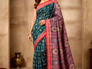 Authentic Teal & Mauve Sambalpuri Silk Saree - Premium Ikat Handloom For Festive Occasions & Wedding