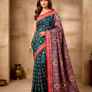 Authentic Teal & Mauve Sambalpuri Silk Saree - Premium Ikat Handloom For Festive Occasions & Wedding