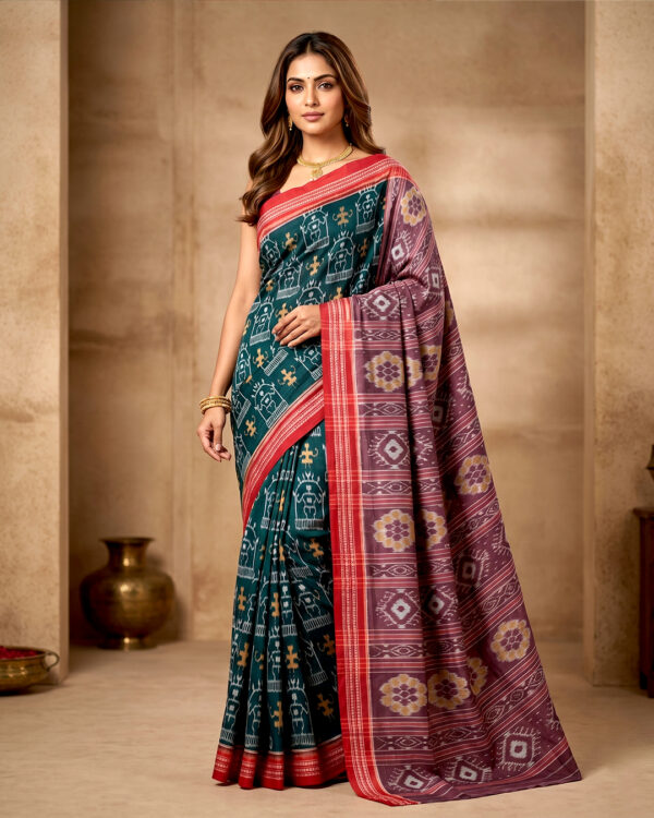 Authentic Teal & Mauve Sambalpuri Silk Saree - Premium Ikat Handloom For Festive Occasions & Wedding