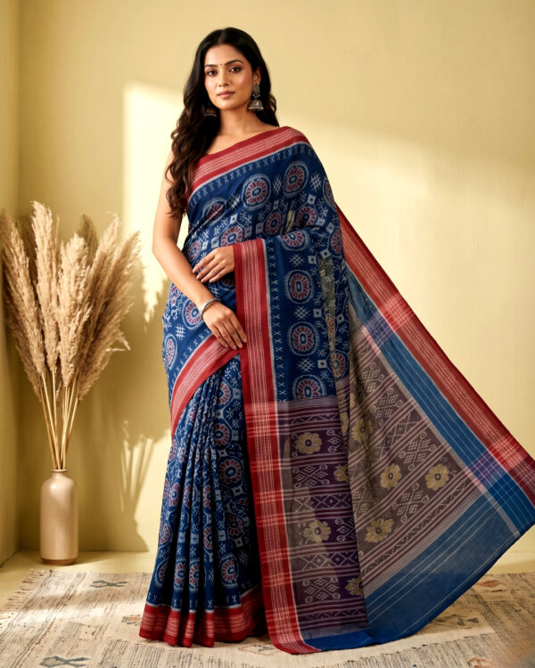 Traditional Blue and Red Sambalpuri Ikat Saree | Authentic Handwoven In Odisha For Festive Occasions
