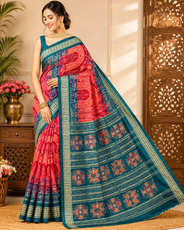 Royal Pink and Blue Sambalpuri Ikat Handloom Saree | Premium Cotton Silk Weave For Festive Occasions