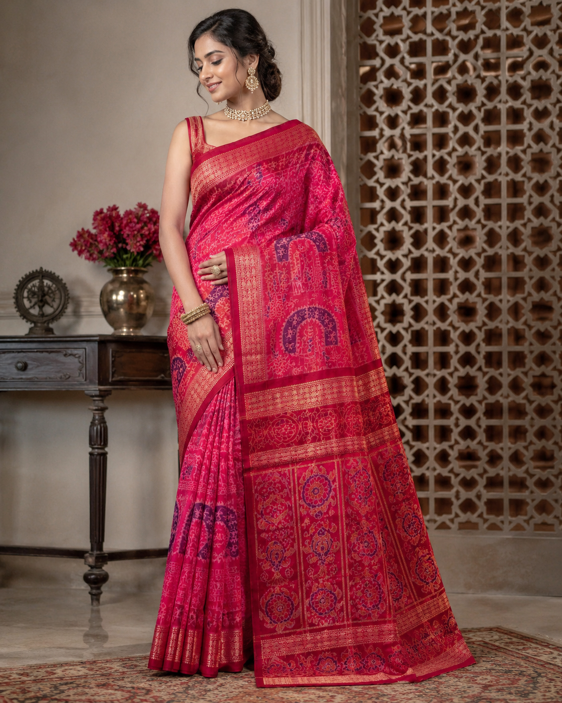 Royal Pink and Blue Sambalpuri Ikat Handloom Saree | Premium Cotton Silk Weave For Festive Occasions - Image 2