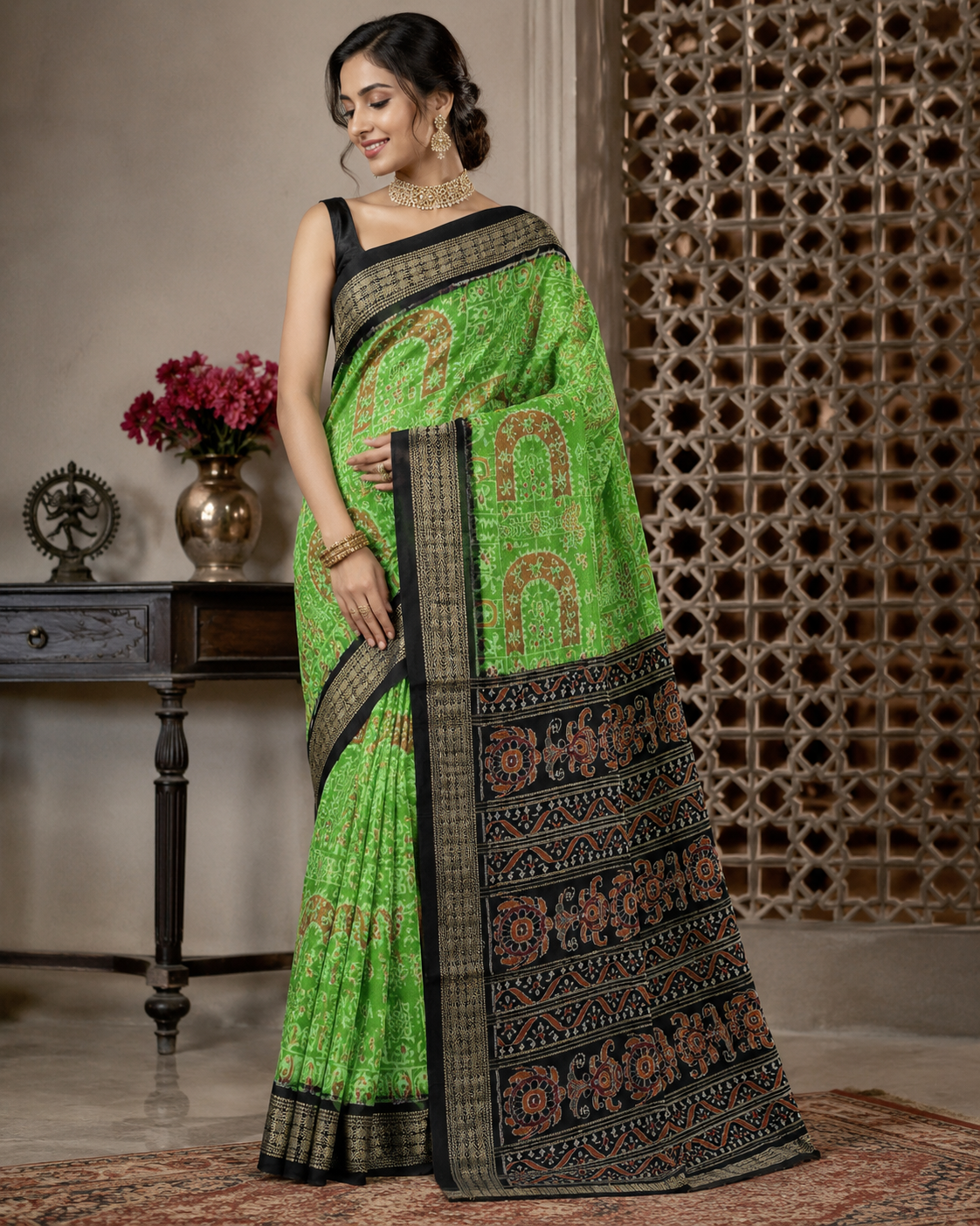 Royal Pink and Blue Sambalpuri Ikat Handloom Saree | Premium Cotton Silk Weave For Festive Occasions - Image 3