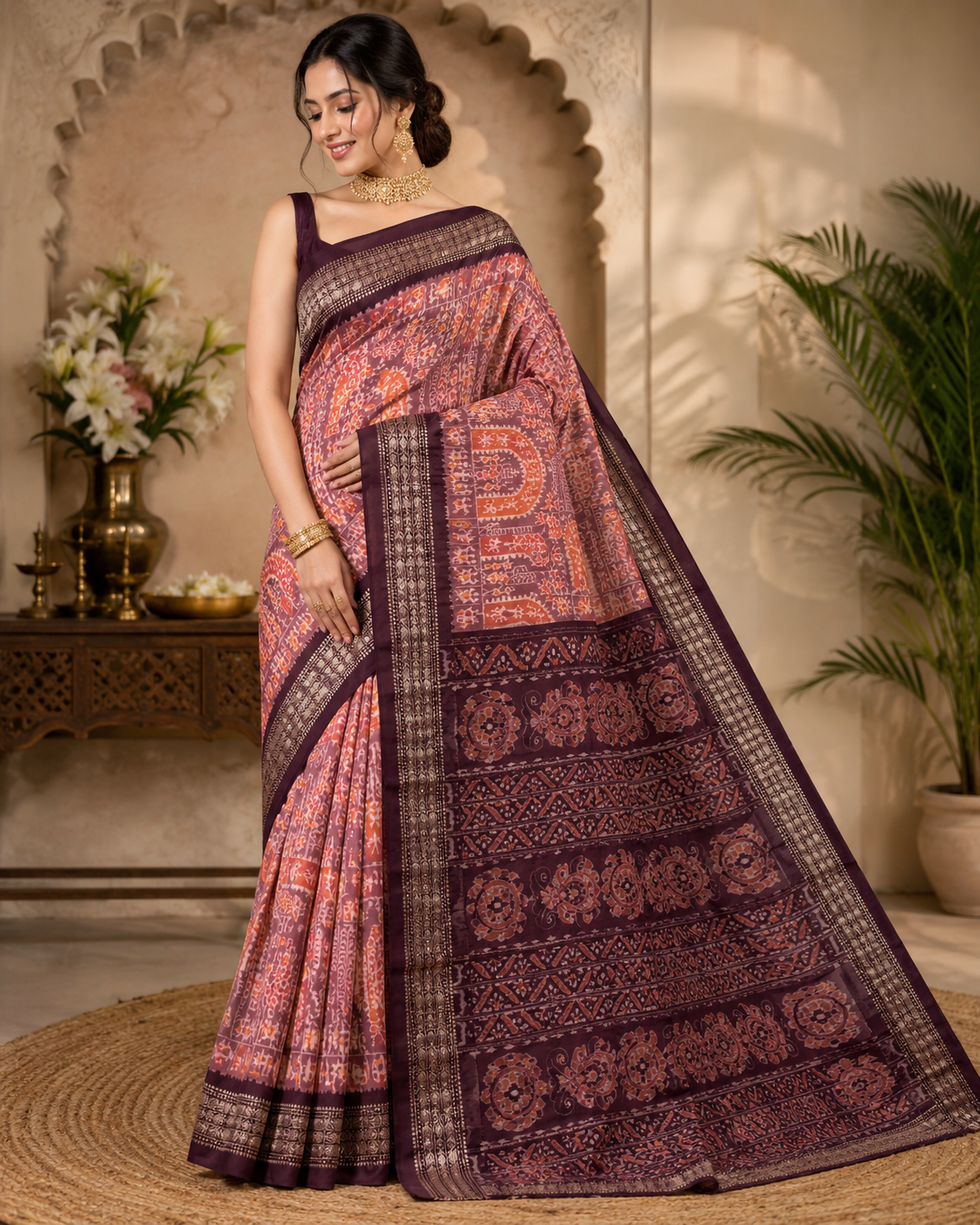 Royal Pink and Blue Sambalpuri Ikat Handloom Saree | Premium Cotton Silk Weave For Festive Occasions - Image 5