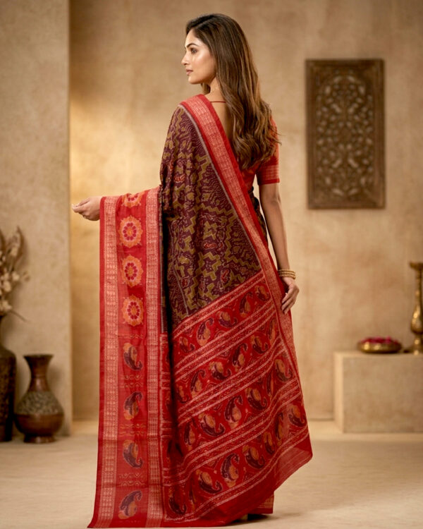 Traditional Maroon and Red Raja Festival Sambalpuri Saree | Authentic Handloom Ikat For Women's Wear - Image 3