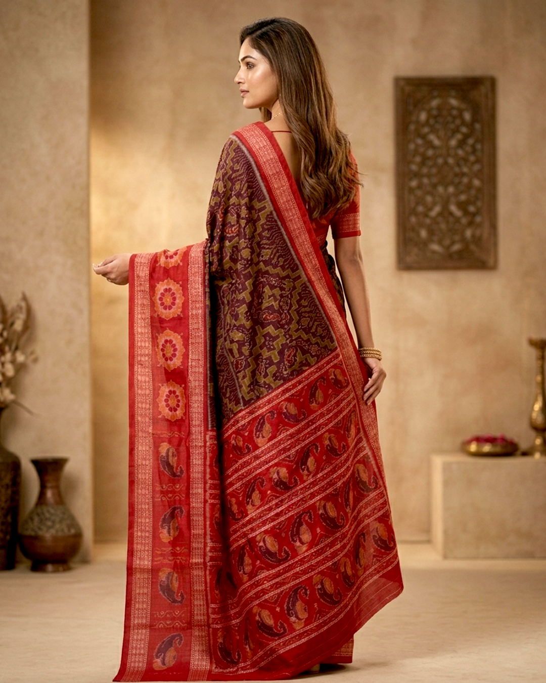 Traditional Maroon and Red Raja Festival Sambalpuri Saree | Authentic Handloom Ikat For Women's Wear - Image 3