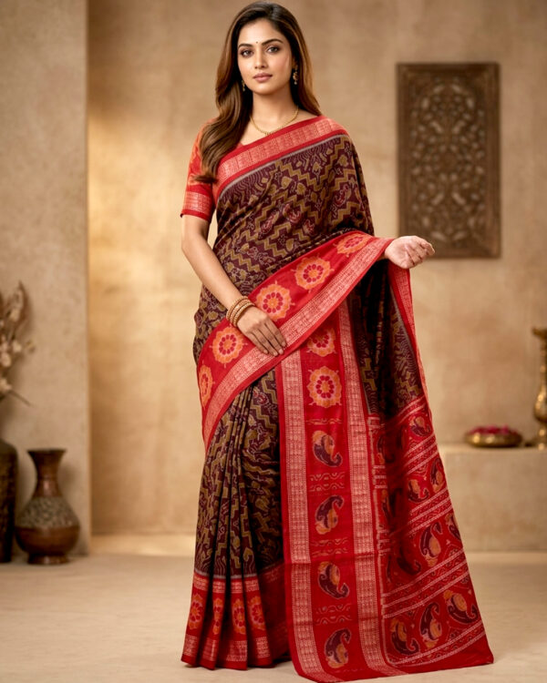 Traditional Maroon and Red Raja Festival Sambalpuri Saree | Authentic Handloom Ikat For Women's Wear