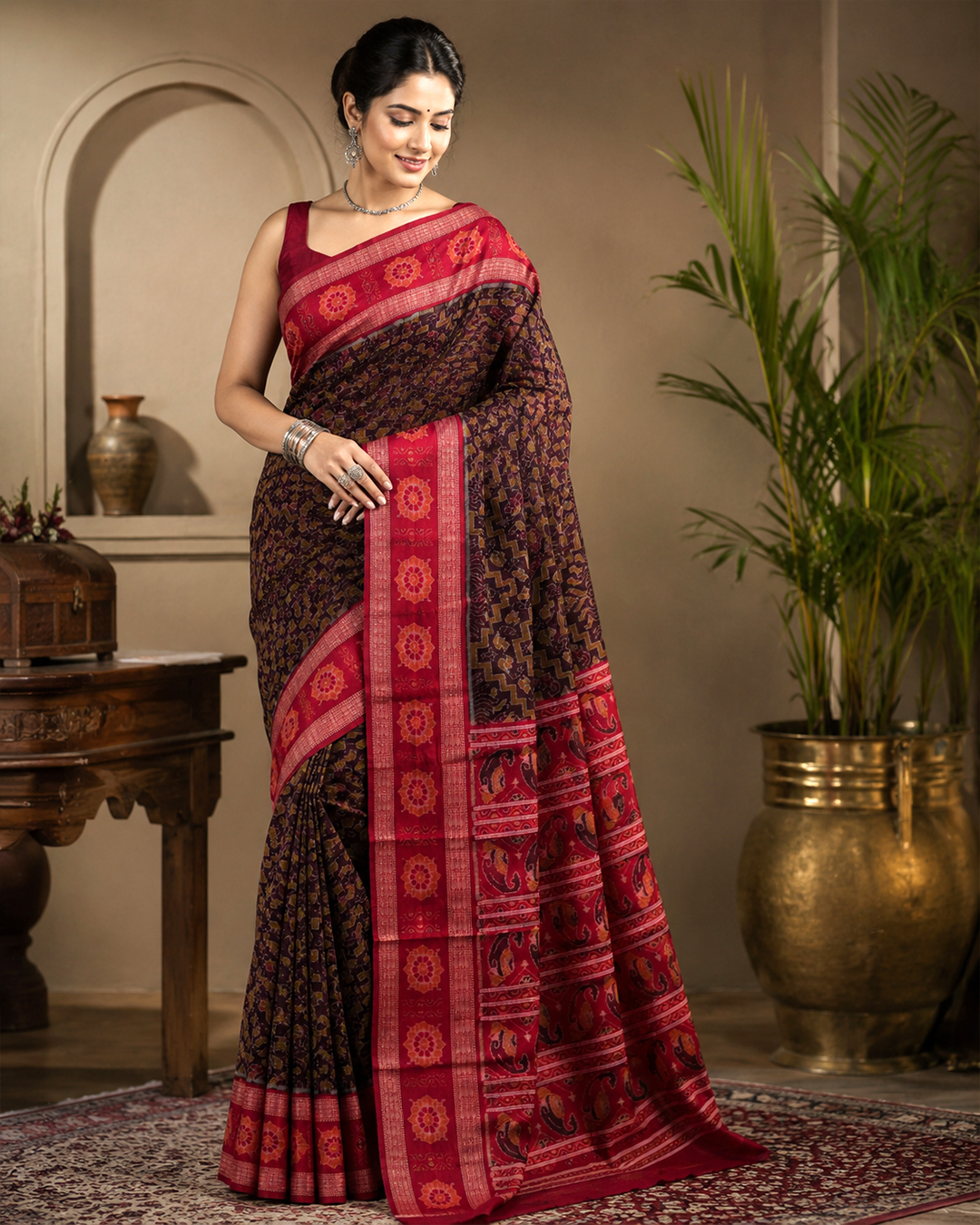Traditional Maroon and Red Raja Festival Sambalpuri Saree | Authentic Handloom Ikat For Women's Wear - Image 4