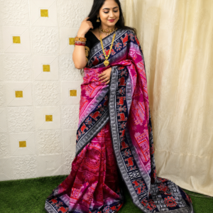 Premium Pink & Navy Blue Sambalpuri Ikat Saree with Animal Motifs