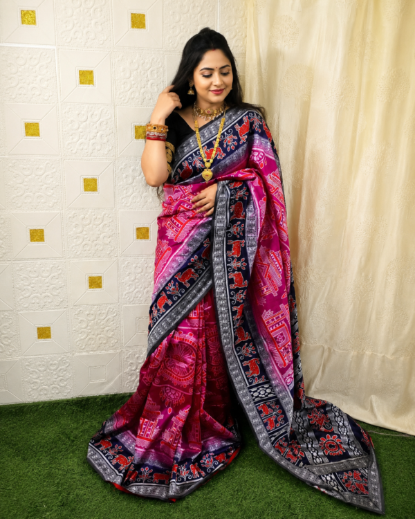 Premium Pink & Navy Blue Sambalpuri Ikat Saree with Animal Motifs