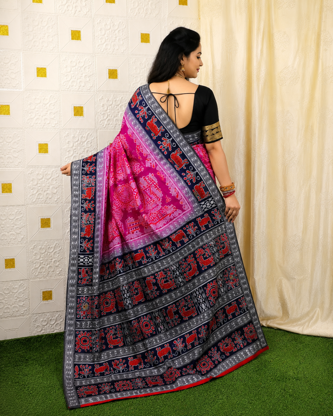 Premium Pink & Navy Blue Sambalpuri Ikat Saree with Animal Motifs - Image 2