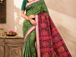 Elegant Green & Maroon Ikat Pattern Saree | Traditional Festive Drape