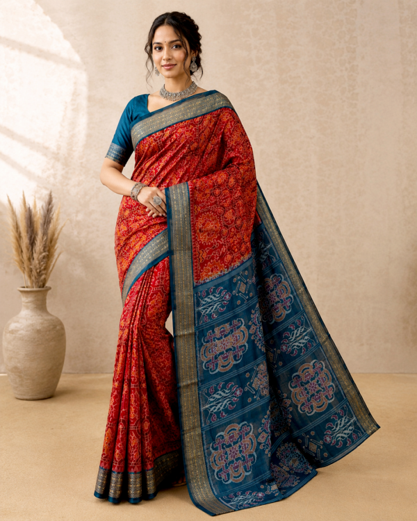Classic Red & Teal Blue Art Silk Saree | Lyfmart
